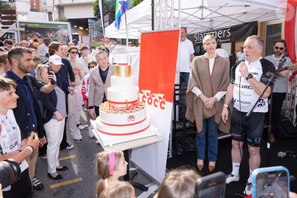 La princesse Charlène de Monaco assiste à l'arrivée de la 10ème édition de la randonnée cycliste caritative St Tropez à Monaco organisée par le COCC (Champagne & Oyster Cycling Club of Monaco) au profit de la Princesse Charlène de Monaco le 5 mai 2024. © Olivier Huitel / Pool Monaco / Bestimage