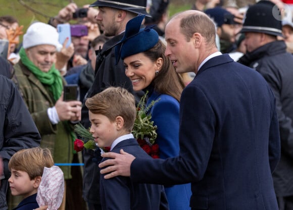 Le prince William, la princesse de Galles, le prince George et le prince Louis assistent à l'office de Noël à l'église St Mary Magdalene à Sandringham, Norfolk, Royaume-Uni, le 25 décembre 2023. Geoff Robinson/Splash News/ABACAPRESS.COM