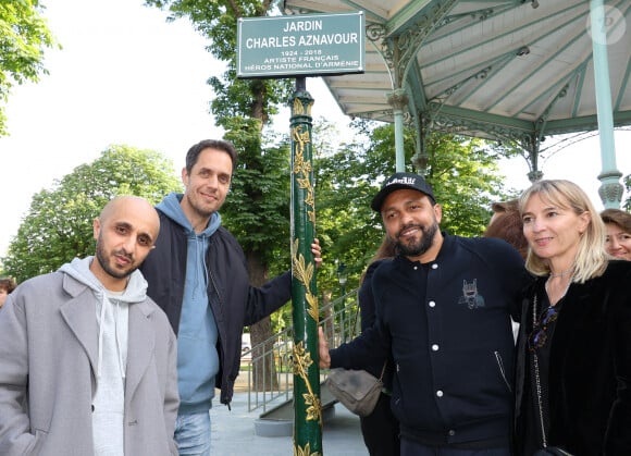 Mehdi Idir, Grand Corps Malade, Jean-Rachid et Katia Aznavour - Inauguration du Jardin "Charles Aznavour", Avenue des Champs-Elysées à Paris à l'occasion du Centième anniversaire de sa naissance, le 22 mai 2024. © Coadic Guirec/Bestimage 