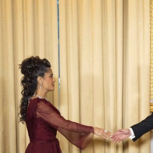 L'actrice américano-mexicaine Salma Hayek et l'homme d'affaires français Francois-Henri Pinault serrent la main du président chinois Xi Jinping (3e à gauche) entouré du président français Emmanuel Macron (2e à gauche), de l'épouse du président chinois Peng Liyuan (2e à droite) et de la présidente française Brigitte Macron (à droite) lors des présentations avant un dîner d'État officiel dans le cadre de la visite d'État de deux jours du président chinois en France, au palais de l'Élysée à Paris, le 6 mai 2024. Photo par Eliot Blondet/ABACAPRESS.COM