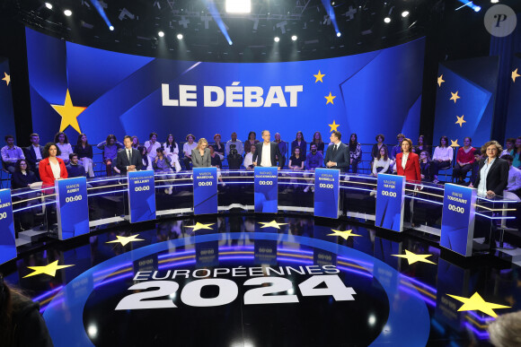 Manon Aubry (LFI), François-Xavier Bellamy (LR), Marion Maréchal (Reconquête), Raphaël Glucksmann (PS), Jordan Bardella (RN), et Valérie Hayer (Renaissance) et Marie Toussaint (EELV) - Elections européennes 2024 : débat entre les têtes de liste sur BFM Tv le 27 mai 2024. © Coadic Guirec / Bestimage