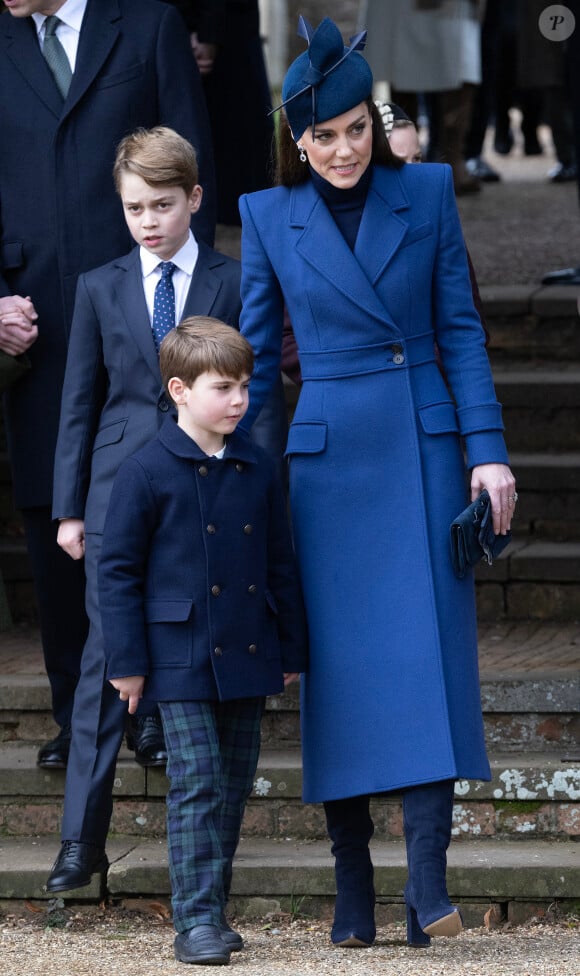 Catherine (Kate) Middleton, princesse de Galles, le prince George de Galles et le prince Louis de Galles - Les membres de la famille royale britannique lors de la messe du matin de Noël en l'église St-Mary Magdalene à Sandringham, le 25 décembre 2023.