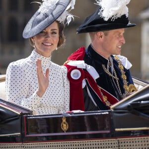 Le prince William, prince de Galles, Catherine (Kate) Middleton, princesse de Galles, lors du service annuel de l'ordre de la jarretière à la chapelle St George du château de Windsor, le 19 juin 2023. 