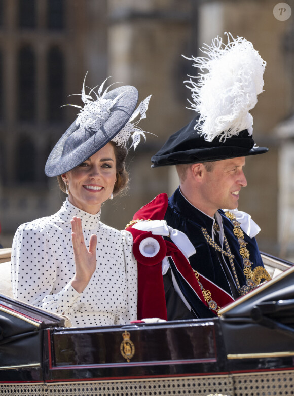 Le prince William, prince de Galles, Catherine (Kate) Middleton, princesse de Galles, lors du service annuel de l'ordre de la jarretière à la chapelle St George du château de Windsor, le 19 juin 2023. 