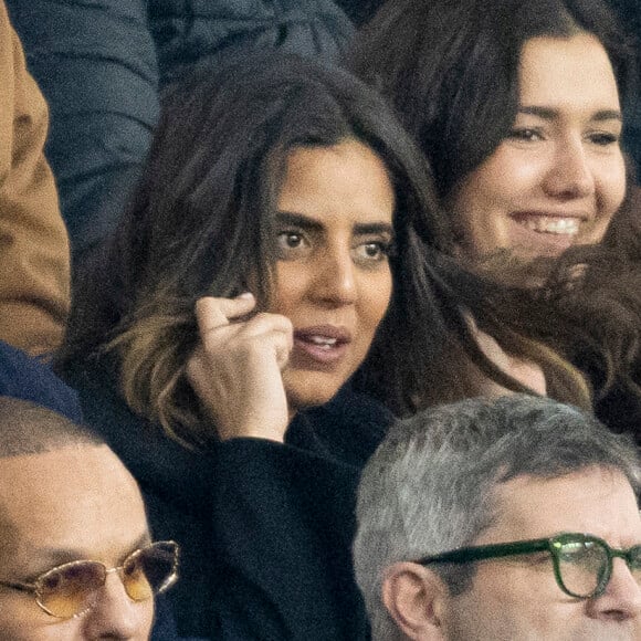 Inès Reg - Célébrités dans les tribunes du match aller des huitièmes de finale de la Ligue des champions entre le PSG et la Real Sociedad (2-0) au Parc des Princes à Paris le 14 février 2024. © Cyril Moreau/Bestimage