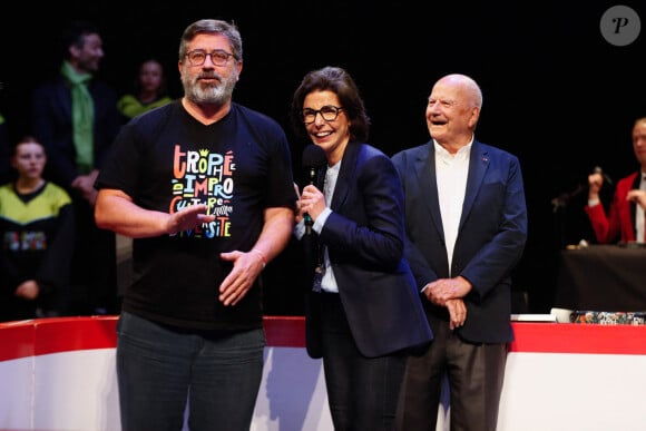 Alain Degois, Marc Ladreit de Lacharrière (pdt du groupe Fimalac, fondateur de la Fondation), Rachida Dati - Finale du "Trophée national d'impro" organisée par la fondation "Culture & diversité" au théâtre national de Chaillot à Paris, France, le 03 juin 2024.  © Christophe Clovis / Bestimage