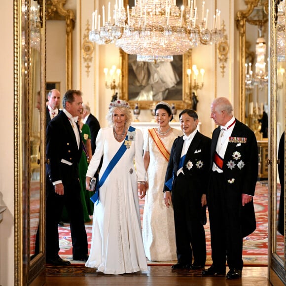 La reine consort camilla, l'impératrice du Japon Masako, l'empereur du Japon Naruhito, le roi Charles III d'Angleterre arrivent au banquet d'état donné en l'honneur de la visite de l'empereur et l'impératrice au Royaume Uni. Buckingham Palace, Londres le 25 juin 2024. 