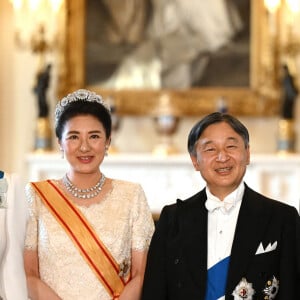 La reine consort camilla, l'impératrice du Japon Masako, l'empereur du Japon Naruhito, le roi Charles III d'Angleterre arrivent au banquet d'état donné en l'honneur de la visite de l'empereur et l'impératrice au Royaume Uni. Buckingham Palace, Londres le 25 juin 2024. 