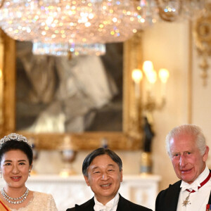 La reine consort camilla, l'impératrice du Japon Masako, l'empereur du Japon Naruhito, le roi Charles III d'Angleterre arrivent au banquet d'état donné en l'honneur de la visite de l'empereur et l'impératrice au Royaume Uni. Buckingham Palace, Londres le 25 juin 2024. 