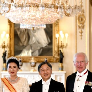 La reine consort camilla, l'impératrice du Japon Masako, l'empereur du Japon Naruhito, le roi Charles III d'Angleterre arrivent au banquet d'état donné en l'honneur de la visite de l'empereur et l'impératrice au Royaume Uni. Buckingham Palace, Londres le 25 juin 2024. 