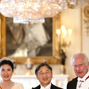 La reine consort camilla, l'impératrice du Japon Masako, l'empereur du Japon Naruhito, le roi Charles III d'Angleterre arrivent au banquet d'état donné en l'honneur de la visite de l'empereur et l'impératrice au Royaume Uni. Buckingham Palace, Londres le 25 juin 2024. 