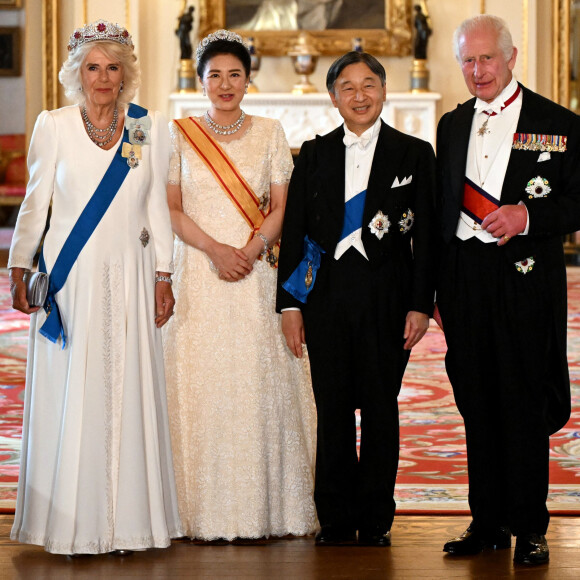 La reine consort camilla, l'impératrice du Japon Masako, l'empereur du Japon Naruhito, le roi Charles III d'Angleterre arrivent au banquet d'état donné en l'honneur de la visite de l'empereur et l'impératrice au Royaume Uni. Buckingham Palace, Londres le 25 juin 2024. 