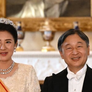 La reine consort camilla, l'impératrice du Japon Masako, l'empereur du Japon Naruhito, le roi Charles III d'Angleterre arrivent au banquet d'état donné en l'honneur de la visite de l'empereur et l'impératrice au Royaume Uni. Buckingham Palace, Londres le 25 juin 2024. 