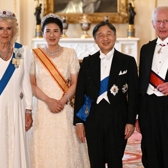 La reine consort camilla, l'impératrice du Japon Masako, l'empereur du Japon Naruhito, le roi Charles III d'Angleterre arrivent au banquet d'état donné en l'honneur de la visite de l'empereur et l'impératrice au Royaume Uni. Buckingham Palace, Londres le 25 juin 2024. 