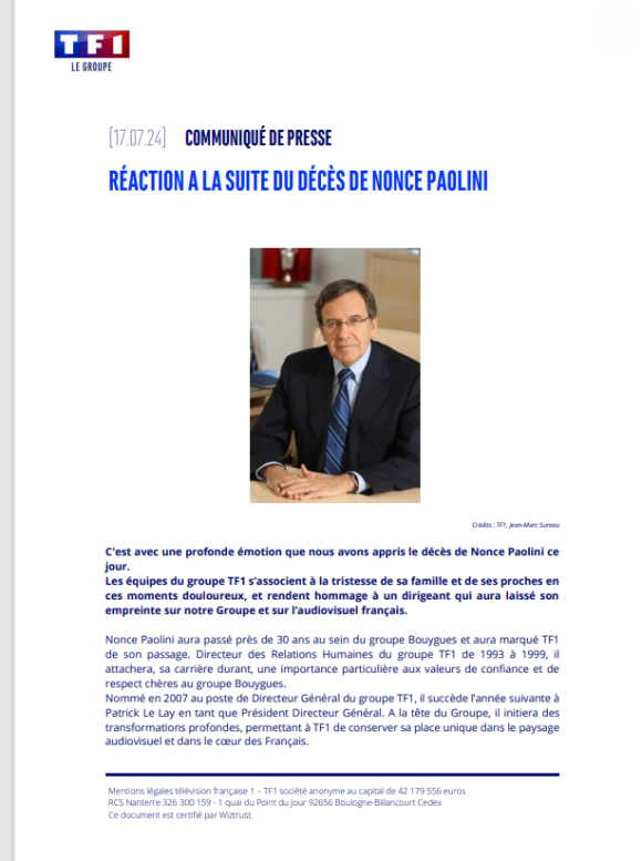 Décès de Nonce Paolini, réaction du groupe TF1, communiqué.