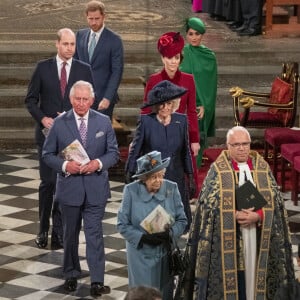 Le prince William, duc de Cambridge, et Catherine (Kate) Middleton, duchesse de Cambridge, Le prince Charles, prince de Galles, et Camilla Parker Bowles, duchesse de Cornouailles, La reine Elisabeth II d'Angleterre, Le prince Harry, duc de Sussex, Meghan Markle, duchesse de Sussex - La famille royale d'Angleterre lors de la cérémonie du Commonwealth en l'abbaye de Westminster à Londres le 9 mars 2020. 