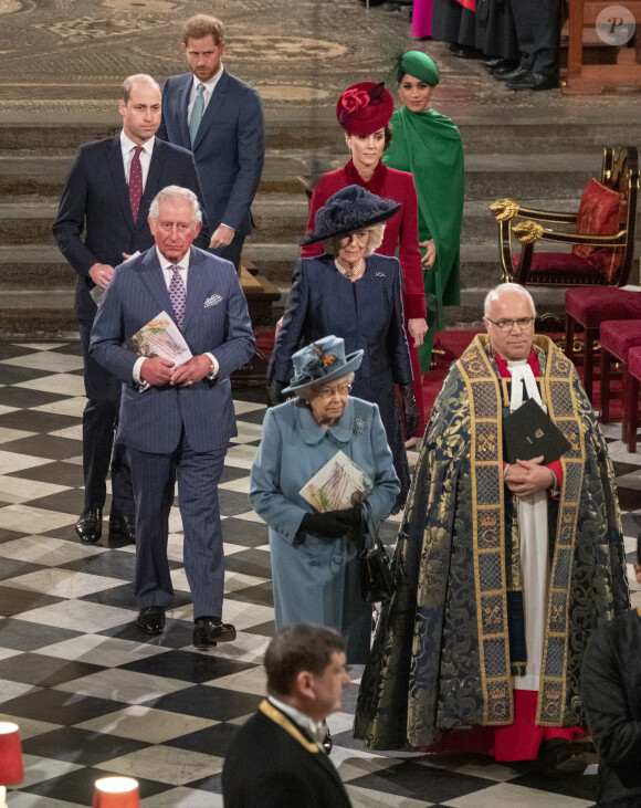 Le prince William, duc de Cambridge, et Catherine (Kate) Middleton, duchesse de Cambridge, Le prince Charles, prince de Galles, et Camilla Parker Bowles, duchesse de Cornouailles, La reine Elisabeth II d'Angleterre, Le prince Harry, duc de Sussex, Meghan Markle, duchesse de Sussex - La famille royale d'Angleterre lors de la cérémonie du Commonwealth en l'abbaye de Westminster à Londres le 9 mars 2020. 