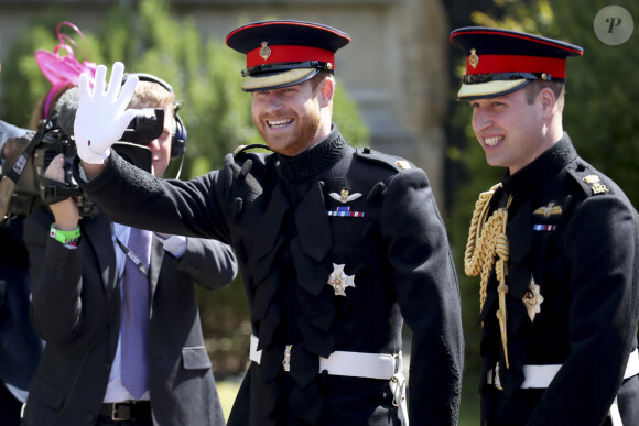 Les princes Harry et William arrivent à la chapelle St. George au château de Windsor - Mariage du prince Harry et de Meghan Markle au château de Windsor, Royaume Uni, le 19 mai 2018. 