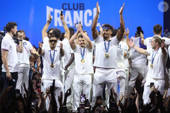 Antoine Dupont (FRA) - Les joueurs de l'équipe de France de Rugby à 7 célèbrent leur médaille d'or au Club France porte de la Villette lors des Jeux Olympiques (JO) de Paris 2024, à Paris, France, le 27 juillet 2024. Photo by Jerome Dominé/ABACAPRESSCOM