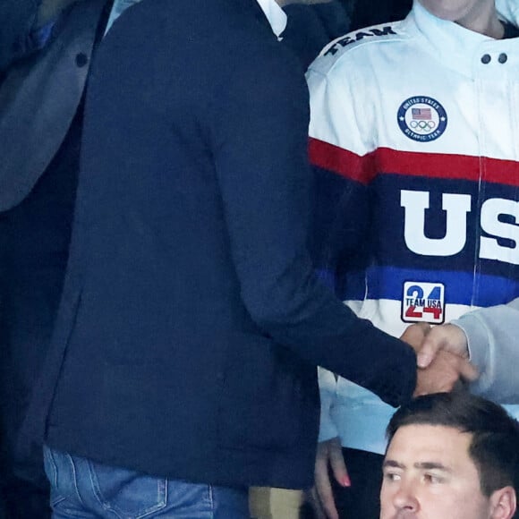 Gabriel Attal et Lady Gaga, Michael Polansky - Lady Gaga et son fiancé Michael Polansky assistent à la victoire de Léon Marchand sur 400 m 4 nage lors des Jeux Olympiques de Paris 2024 (JO) à Paris La Defense Arena à Nanterre le 28 juillet 2024. © Dominique Jacovides-Pierre Perusseau/Bestimage 