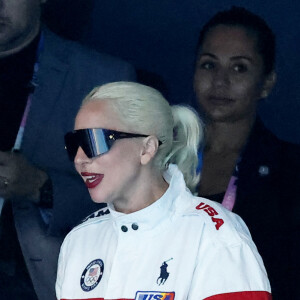 Gabriel Attal et Lady Gaga - Lady Gaga et son fiancé Michael Polansky assistent à la victoire de Léon Marchand sur 400 m 4 nage lors des Jeux Olympiques de Paris 2024 (JO) à Paris La Defense Arena à Nanterre le 28 juillet 2024. © Dominique Jacovides-Pierre Perusseau/Bestimage 