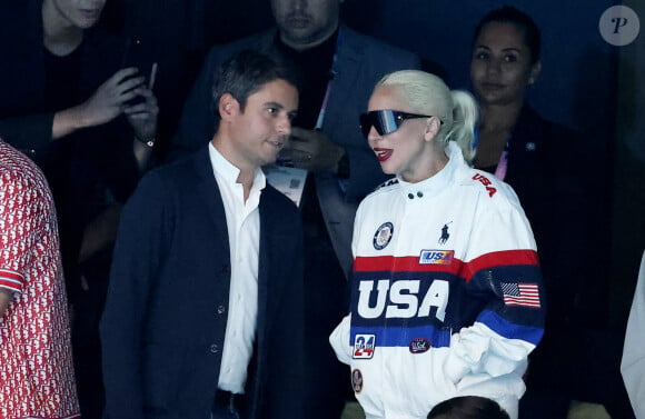 Gabriel Attal et Lady Gaga - Lady Gaga et son fiancé Michael Polansky assistent à la victoire de Léon Marchand sur 400 m 4 nage lors des Jeux Olympiques de Paris 2024 (JO) à Paris La Defense Arena à Nanterre le 28 juillet 2024. © Dominique Jacovides-Pierre Perusseau/Bestimage 