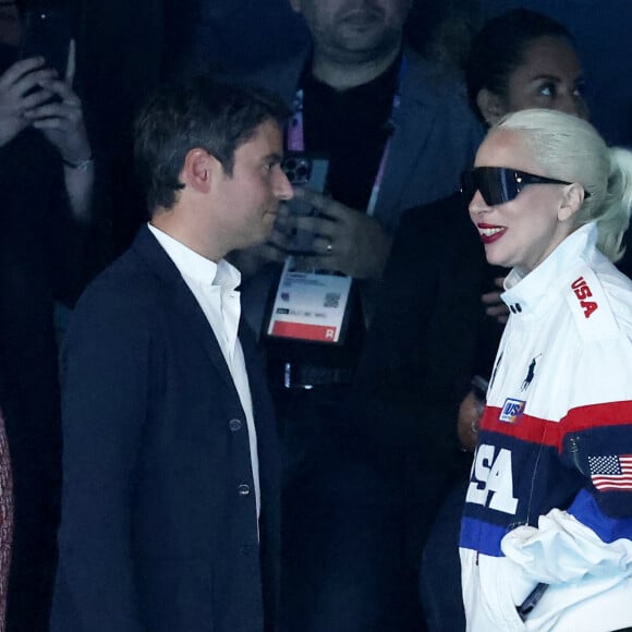 Gabriel Attal et Lady Gaga - Lady Gaga et son fiancé Michael Polansky assistent à la victoire de Léon Marchand sur 400 m 4 nage lors des Jeux Olympiques de Paris 2024 (JO) à Paris La Defense Arena à Nanterre le 28 juillet 2024. © Dominique Jacovides-Pierre Perusseau/Bestimage 