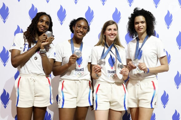 Marie Florence Candassamy, Coralie Vitalis, Auriane Mallo Breton et Alexandra Louis Marie - L'équipe de France d'escrime féminine, médaillée d'argent, au Club France à Paris, lors des Jeux Olympiques Paris 2024. Le 31 juillet 2024 © Stéphane Lemouton / Bestimage 