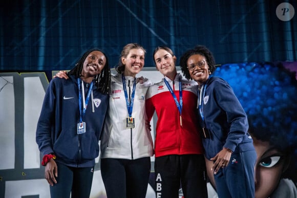 Podium Epee Femme Auriane Mallo-Breton Camille Hermay Jacques Andre Coquin Lauren Rembi - ESCRIME - Championnat de France d'escrime 2023 à Nantes le 16 décembre 2023. © Baptiste Autissier / Panoramic / Bestimage