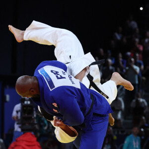 TEDDY RINER of France (blue) defeats TEMUR RAKHIMOV of Tajikistan (white) in the semifinal in the Judo Men's +100 kg on day 7 at the Paris 2024 Olympic Games in Champ de Mars Arena in Paris, France. © Mickael Chavet/ZUMA Press/Bestimage 