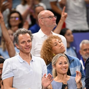 Anne-Sophie Lapix et son mari Arthur Sadoun dans les tribunes de la finale Hommes "France vs Pologne" de volley-ball lors des Jeux Olympiques Paris 2024. Le 10 août 2024 © P.Perusseau-D.Jacovides / Bestimage 