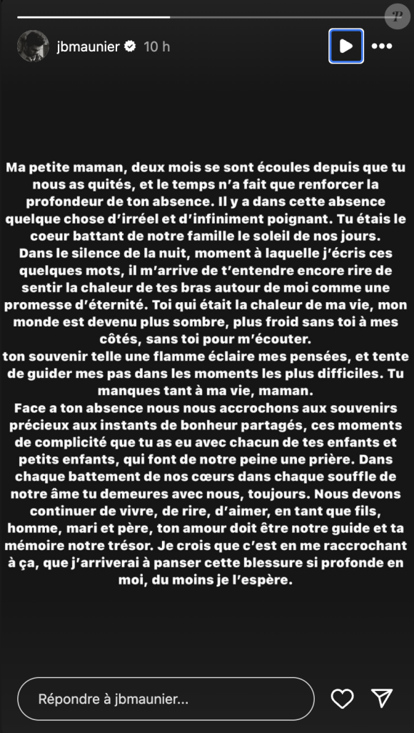 Jean-Baptiste Maunier a posté un triste message sur Instagram deux mois après la mort de sa maman.