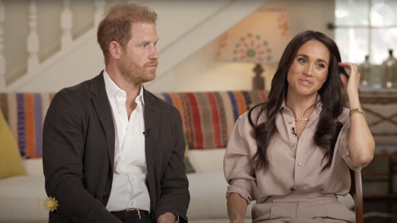 Le prince Harry, duc de Sussex et Meghan Markle, duchesse de Sussex, lors d'une interview pour l'émission CBS News Sunday Morning, diffusée le 4 août 2024. Lors de ce programme, le couple princier a évoqué leurs enfants, Archie Harrison, 5 ans et Lilibet Diana, 3 ans et leur volonté de les protéger des dangers du web.