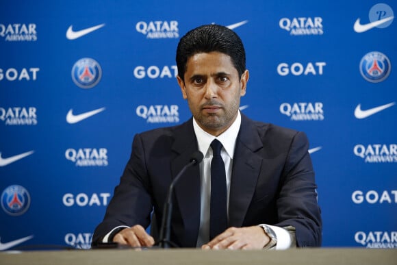 Nasser Al Khelaifi - Conférence de presse avec le nouvel entraîneur de l'équipe de football du PSG à Paris. Le 5 juillet 2023 © Michael Baucher / Panoramic / Bestimage