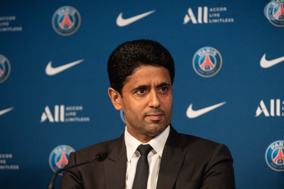 Nasser al-Khelaïfi, président-directeur général du Paris Saint-Germain lors d'une conférence de presse suite au renouvellement du contrat de l'attaquant au Paris Saint-Germain jusqu'en 2025, au Parc des Princes à Paris, France, le 23 mai 2022. © Aurelien Morissard/Panoramic/Bestimage 