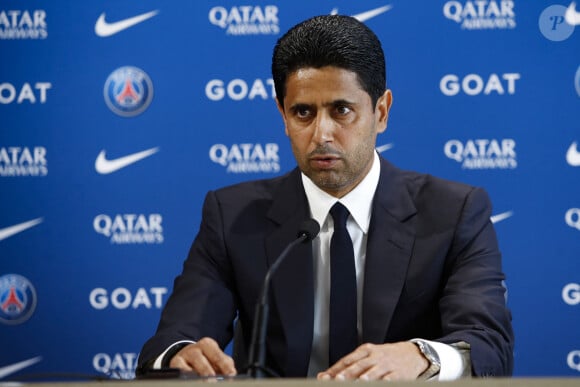 Nasser Al Khelaifi - Conférence de presse avec le nouvel entraîneur de l'équipe de football du PSG à Paris. Le 5 juillet 2023 © Michael Baucher / Panoramic / Bestimage 