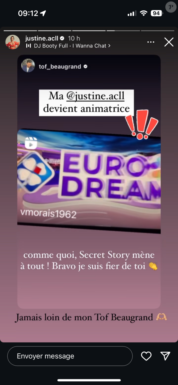 Justine Aucello a republié une story Instagram de son ami Christophe Beaugrand.