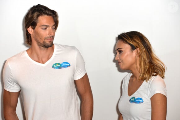 Camille Lacourt et sa femme Valérie Bègue sont les parrain et marraine du 10ème anniversaire du partenariat entre Pampers et l'Unicef pour le vaccin des enfants contre le tétanos. Paris, le 13 novembre 2015