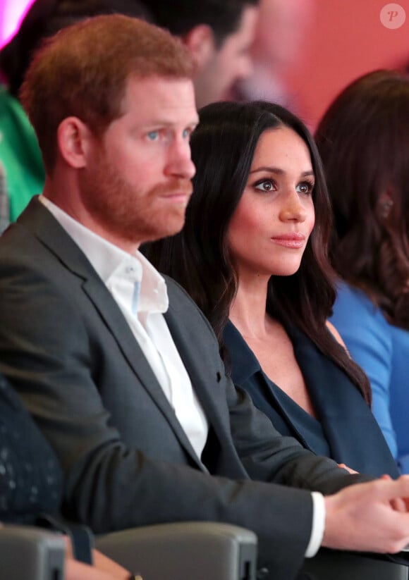 Le prince Harry et Meghan Markle lors du premier forum annuel de la Fondation Royale à Londres le 28 février 2018. 