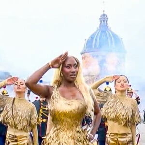 Aya Nakamura chante lors de la cérémonie d'ouverture des Jeux Olympiques (JO) de Paris 2024, à Paris, France, le 26 juillet 2024. 