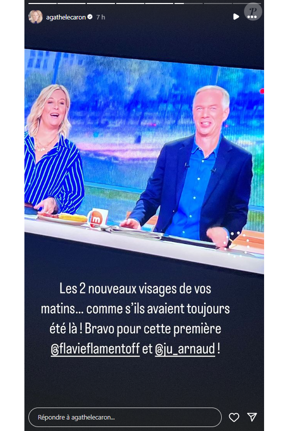 Agathe Lecaron souhaite la bienvenue à Flavie Flament et Julien Arnaud dans "Télématin" sur France 2