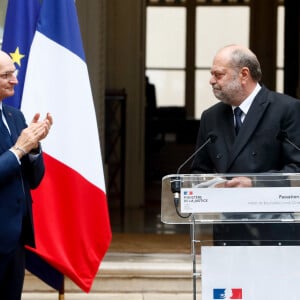 Eric Dupond-Moretti, ancien ministre de la Justice, garde des sceaux, Didier Migaud, ministre de la Justice lors de la passation de pouvoir au ministère de la Justice après la mise en place du gouvernement Barnier à Paris le 23 septembre 2024. © Christophe Clovis / Bestimage 