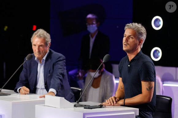 Jean-Jacques Bourdin, Jean-Baptiste Boursier - Conférence de presse de rentrée de BFMTV saison 2021/2022 à l'Altice Campus à Paris, France, le 25 août 2021. © Christophe Clovis/Bestimage