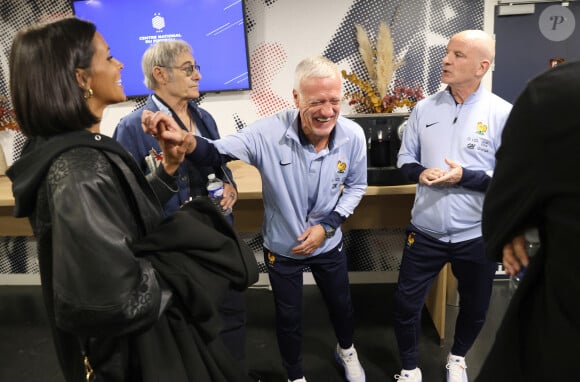 Exclusif - Shy'm, Didier Deschamps, Gérard Lanvin et Guy Stephan lors de la présentation du film "4 Zéros" aux joueurs de l'équipe de France à Clairefontaine le 8 octobre 2024 © Alain Guizard/ABACAPRESS.COM