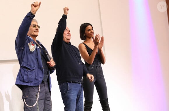 Exclusif - Gérard Lanvin, Fabien Onteniente et Shy'm lors de la présentation du film "4 Zéros" aux joueurs de l'équipe de France à Clairefontaine le 8 octobre 2024 © Alain Guizard/ABACAPRESS.COM