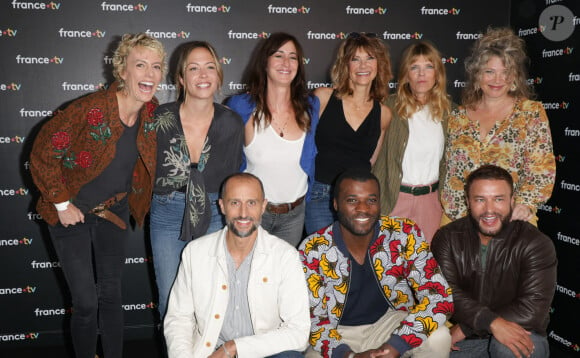 Sara Mortensen, Dounia Coesens, Eleonore Bernhein, Florence Pernel, Gwendoline Hamon, Cecile Bois, Arie Elmaleh, Christopher Bayemi et Raphaël Lenglet au photocall de la conférence de presse de rentrée de France Télévisions à Paris, France, le 4 septembre 2024. © Coadic Guirec/Bestimage 