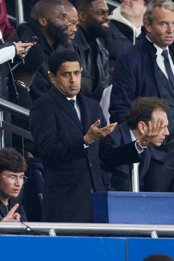 Nasser al-Khelaïfi (président du PSG) dans les tribunes lors du match de Ligue Des Champions (LDC) "PSG - PSV Eindhoven (1-1)" au Parc des Princes à Paris, le 22 octobre 2024.