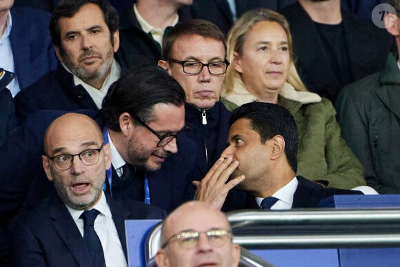 Nasser al-Khelaïfi (président du PSG) dans les tribunes lors du match de Ligue Des Champions (LDC) "PSG - PSV Eindhoven (1-1)" au Parc des Princes à Paris, le 22 octobre 2024.