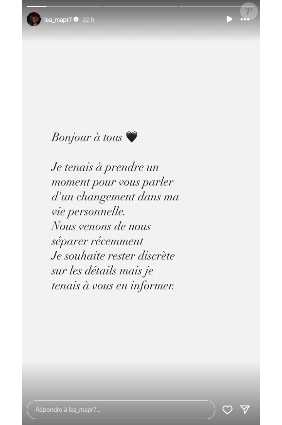 "Je tenais à prendre un moment pour vous parler d'un changement dans ma vie personnelle. Nous venons de nous séparer récemment. Je souhaite rester discrète sur les détails mais je tenais à vous en informer"
Léa (Mariés au premier regard) annonce sa séparation avec Christophe. Instagram