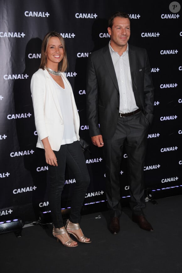 Isabelle Ithurburu et Thomas Lombard lors de la soiree de rentree Canal plus organisee a Paris, le 28 aout 2013 .